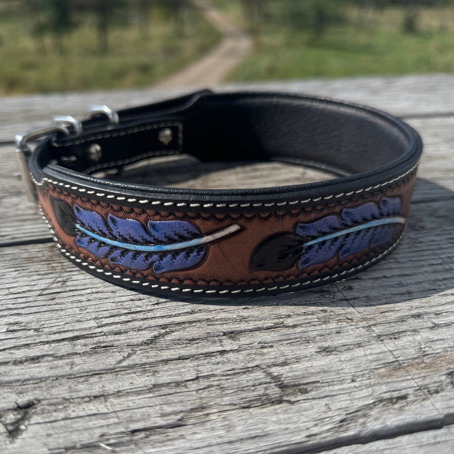 Western leather dog collar tooled or beaded details skull sunflower feather rhinestone by Double B Wild Rags