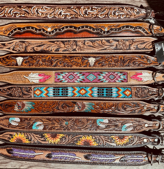 Western leather dog collar tooled or beaded details skull sunflower feather rhinestone by Double B Wild Rags