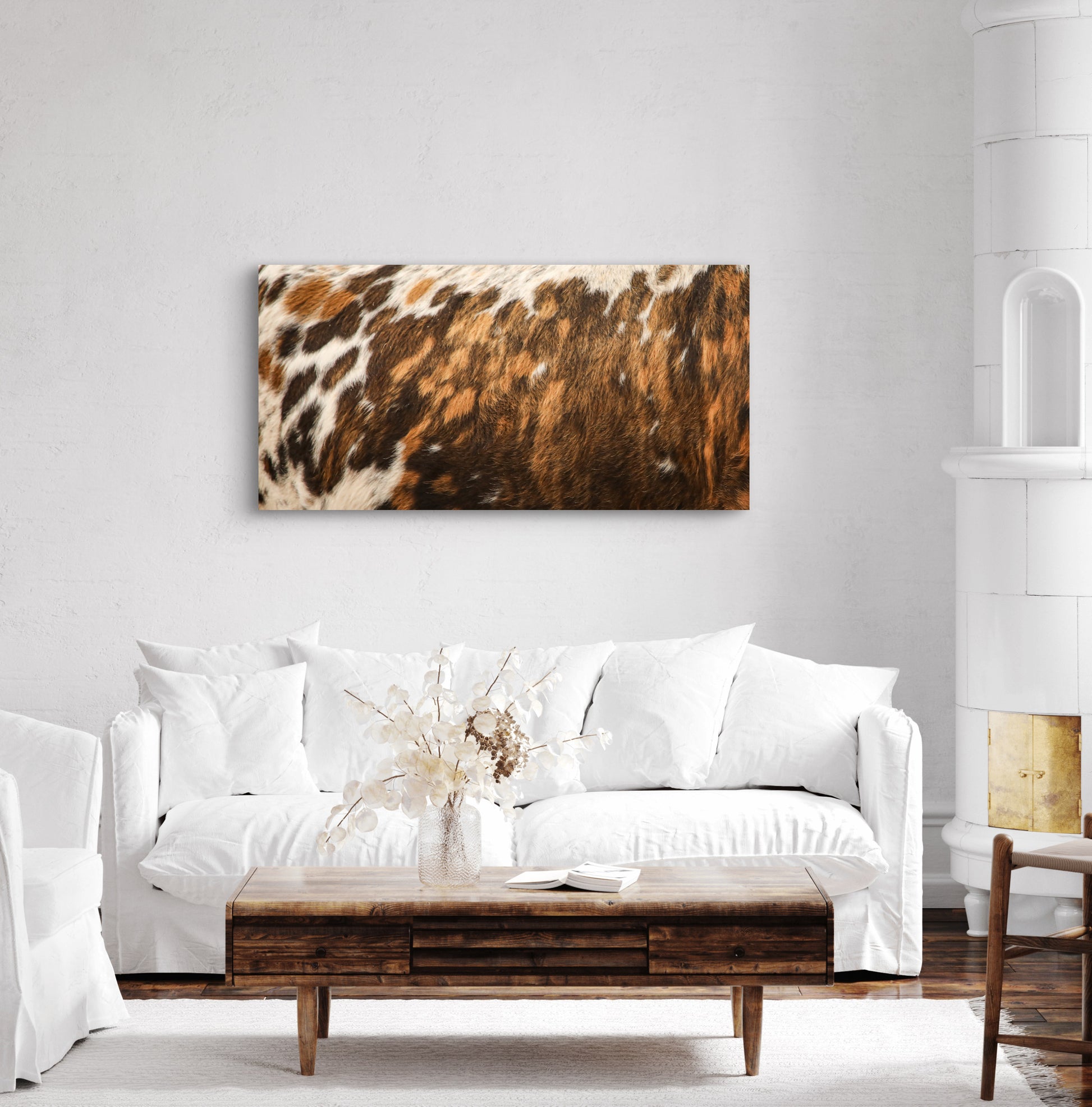 Brindle and white cowhide pattern offered as wall art for western farmhouse home decor, rustic vibe