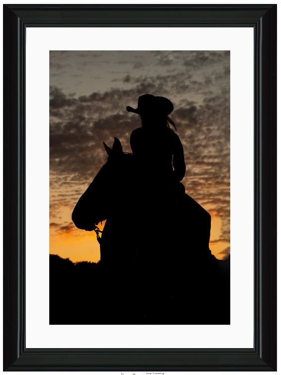 Cowgirl Sunset Silhouette Framed Print with 2" Mat