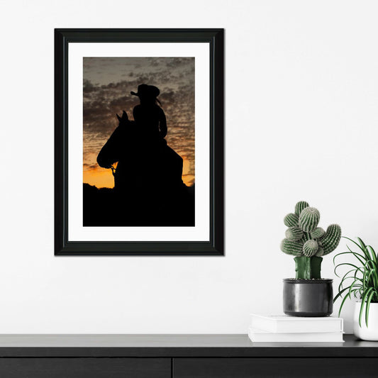 Cowgirl Sunset Silhouette Framed Print with 2" Mat