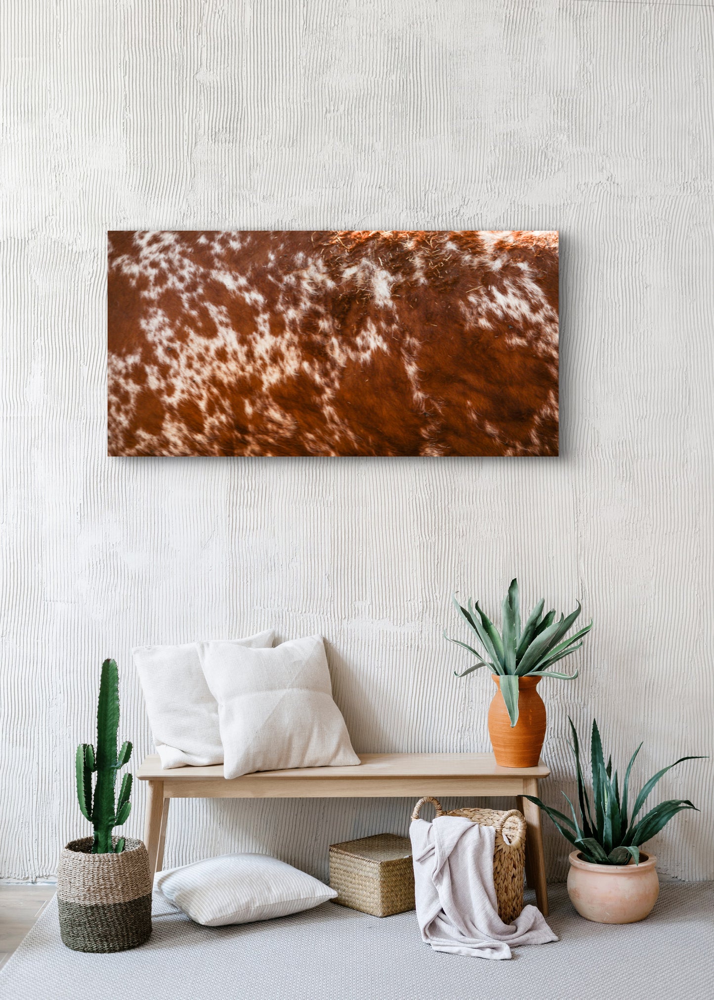 close up picture of red and white cowhide, canvas wall art, rustic, farmhouse decor, western, country, chic