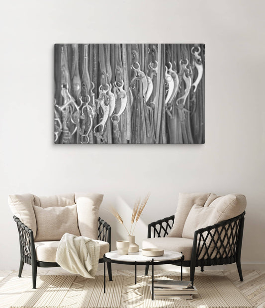 patio, furniture, wall art, western, horse bits, black and white