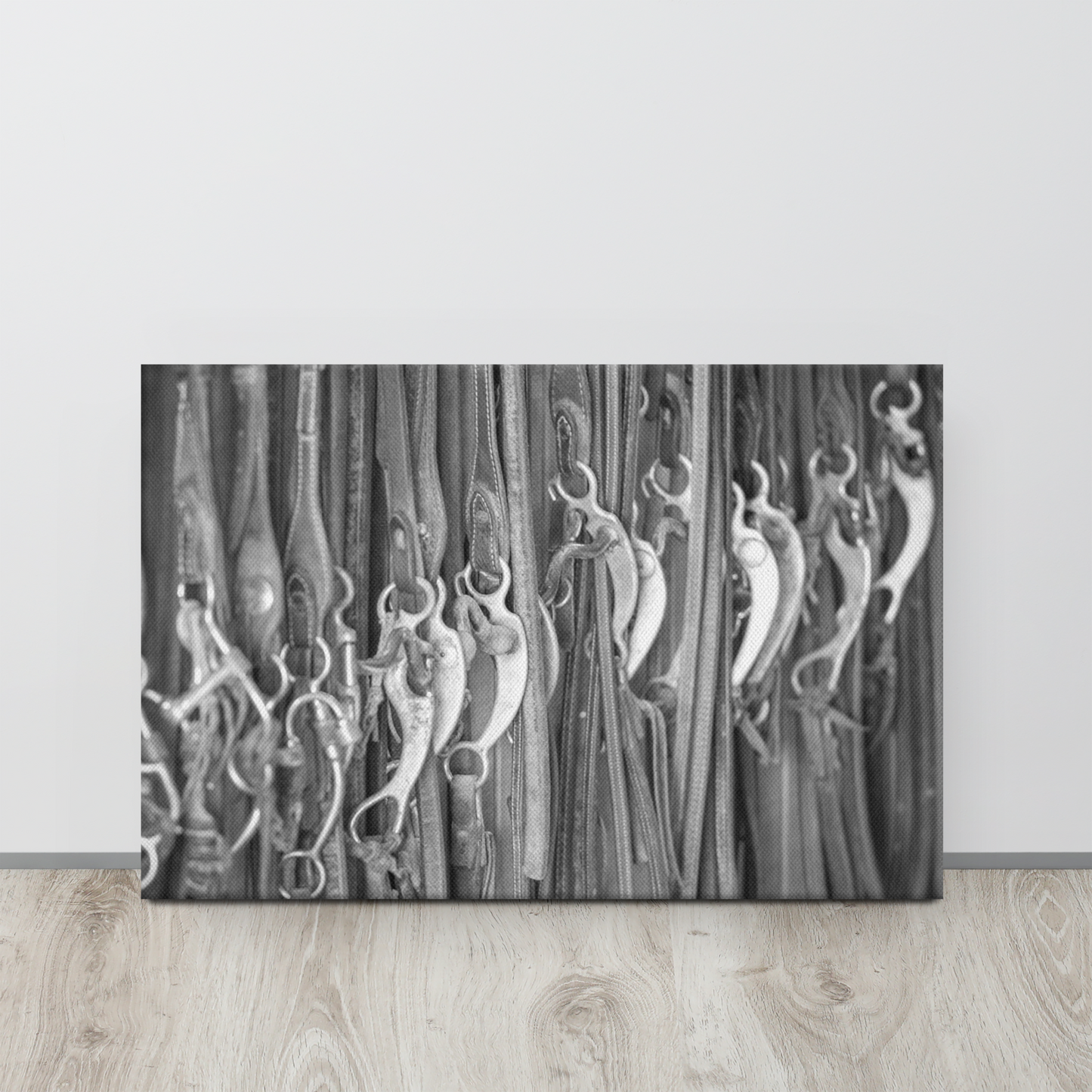 black and white photo of western horse bridles hanging, tack room, wall art, living quarters, decor, rustic