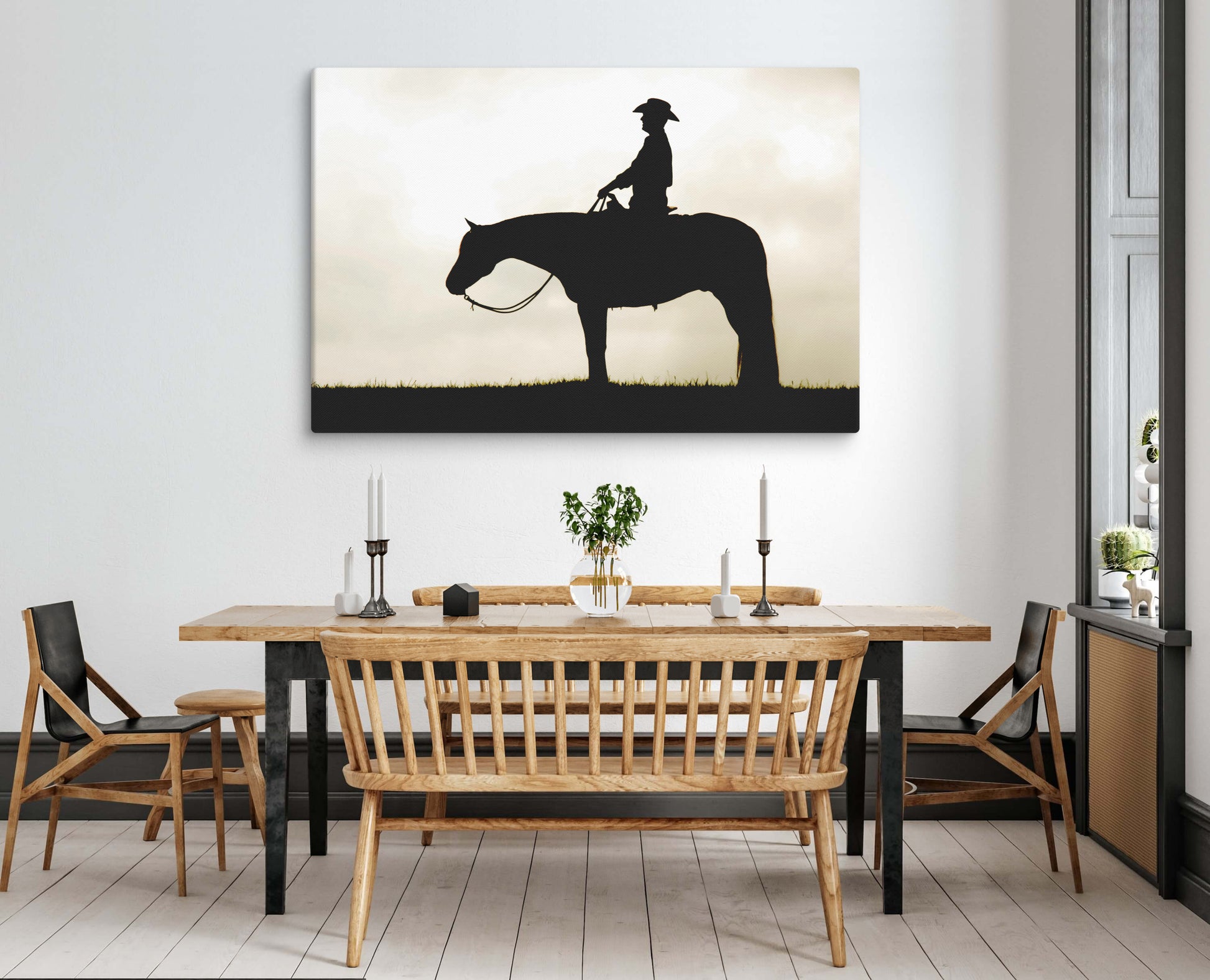 Rustic dining room, living room, decor, western, large canvas, horseback, cowboy, silhouette, equestrian, wall art