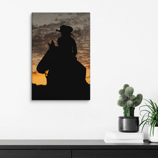 Canvas print, silhouette, riding a horse against a sunset sky, horse girl, bedroom, office, living room decor, western, rustic, equestrian wall art