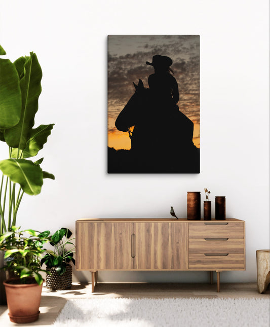 Canvas print, silhouette, horseback sunset, horse girl, bedroom, office, living room decor, western, rustic, equestrian wall art