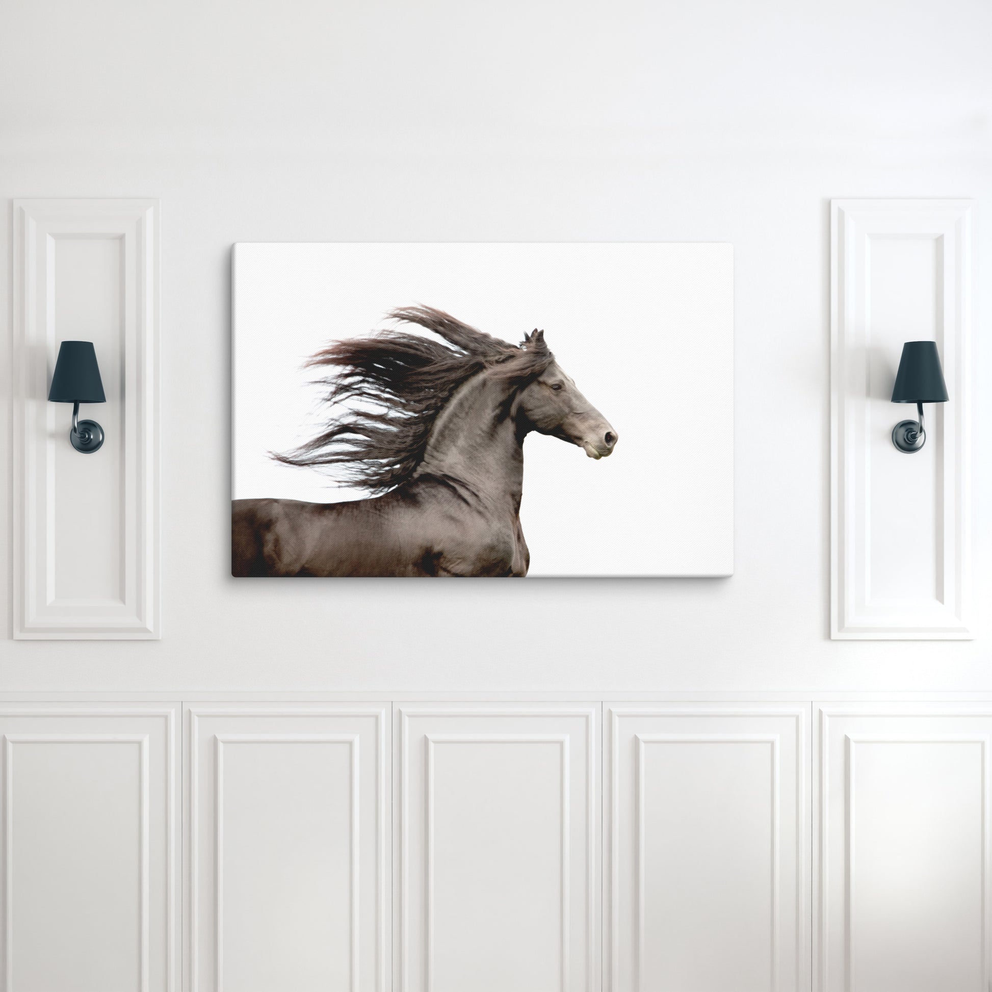 Friesian horse running canvas wall art, equestrian home decor, original, photography
