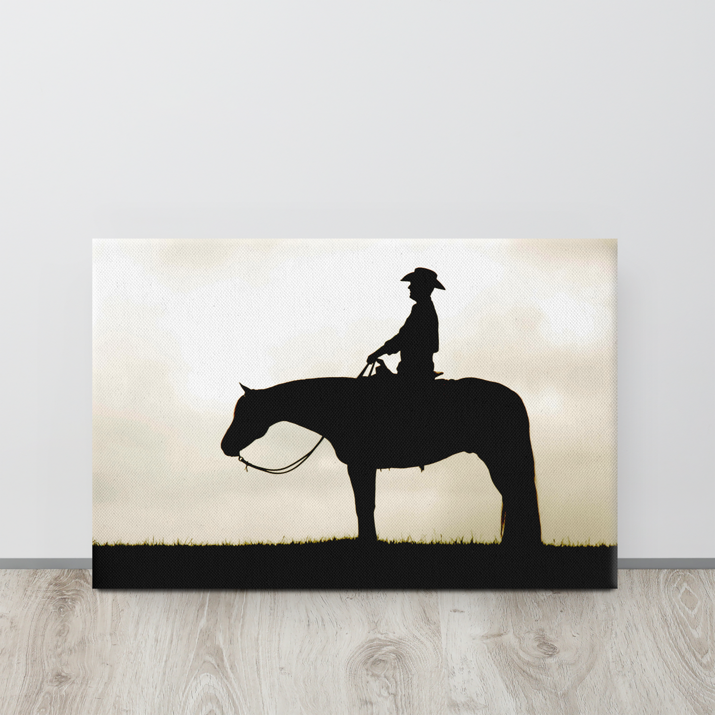 rancher sitting horseback, silhouette against sky, cowboy, horse, wall art, large, canvas, western home decor