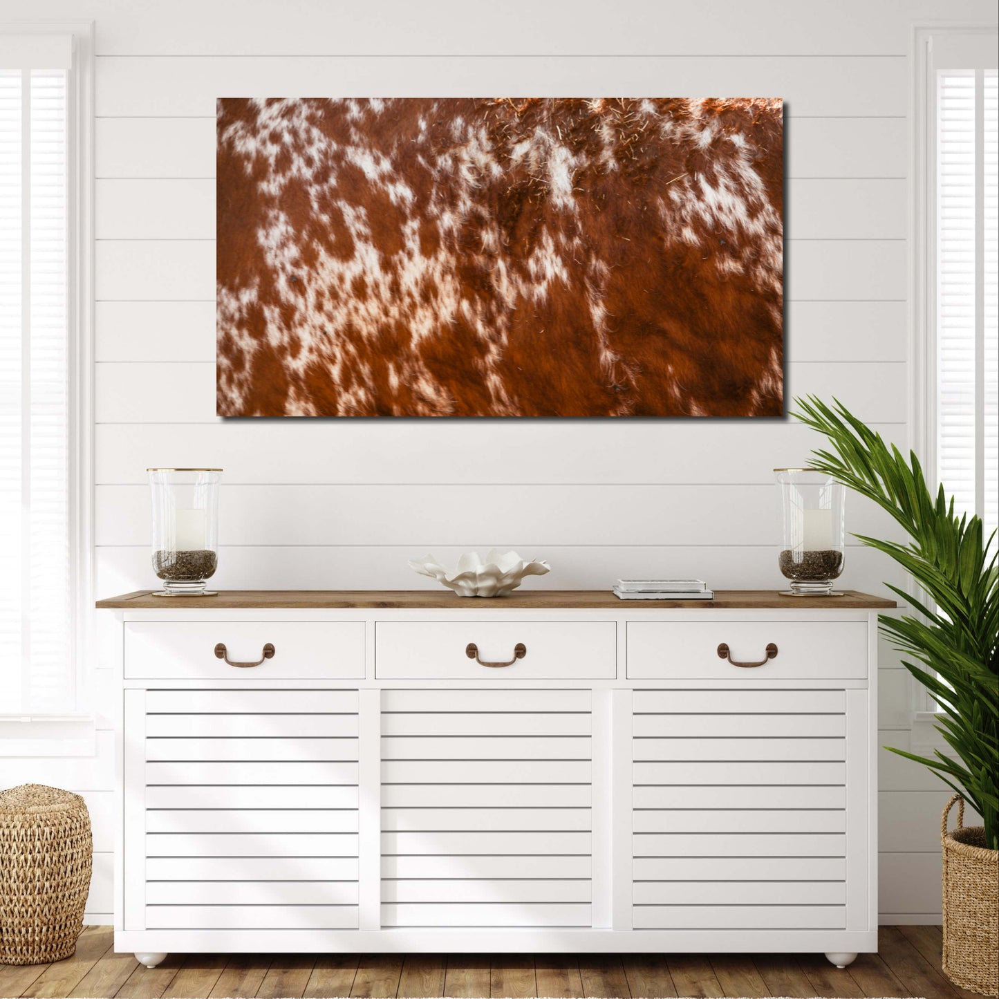 Canvas print of red and white cowhide, rustic farmhouse home decor, western wall art, original photography
