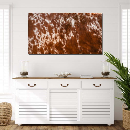 Canvas print of red and white cowhide, rustic farmhouse home decor, western wall art, original photography