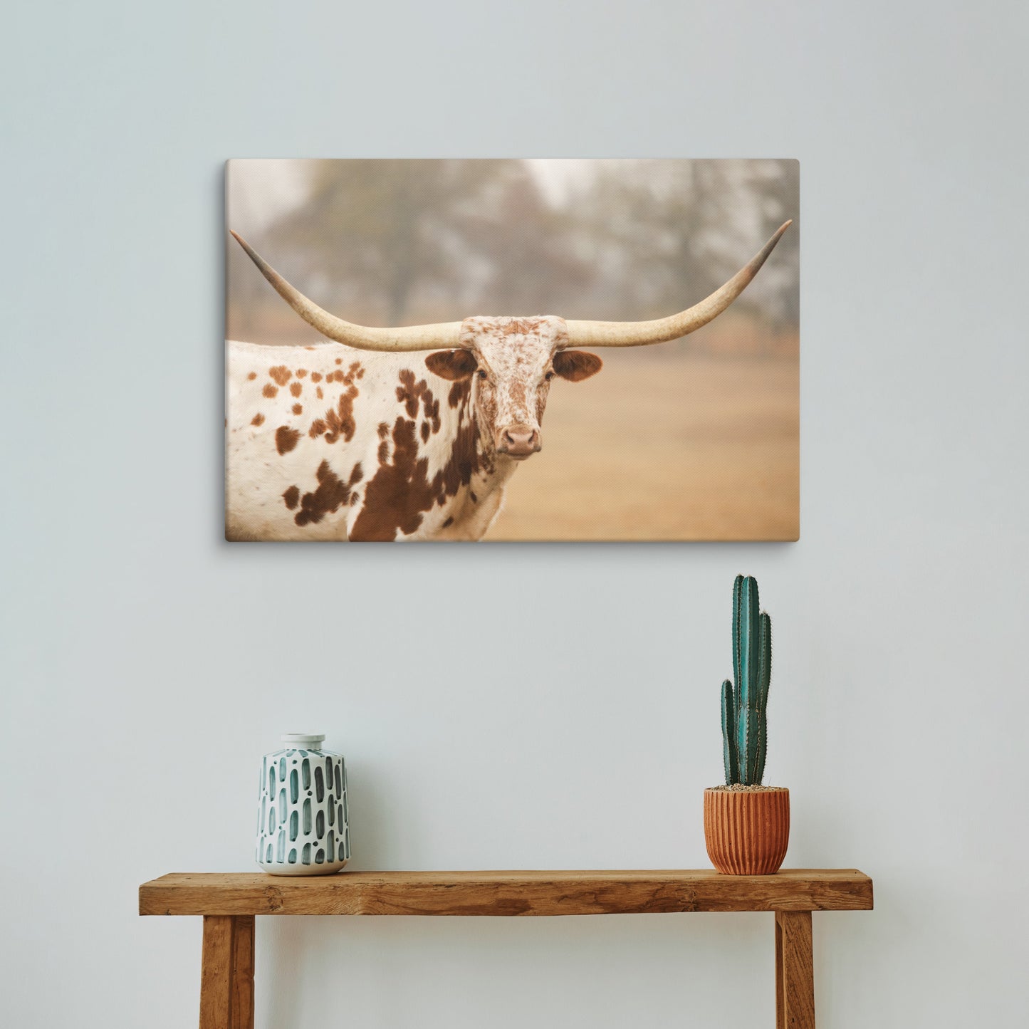 Red and White Longhorn Cow Canvas Wall Art