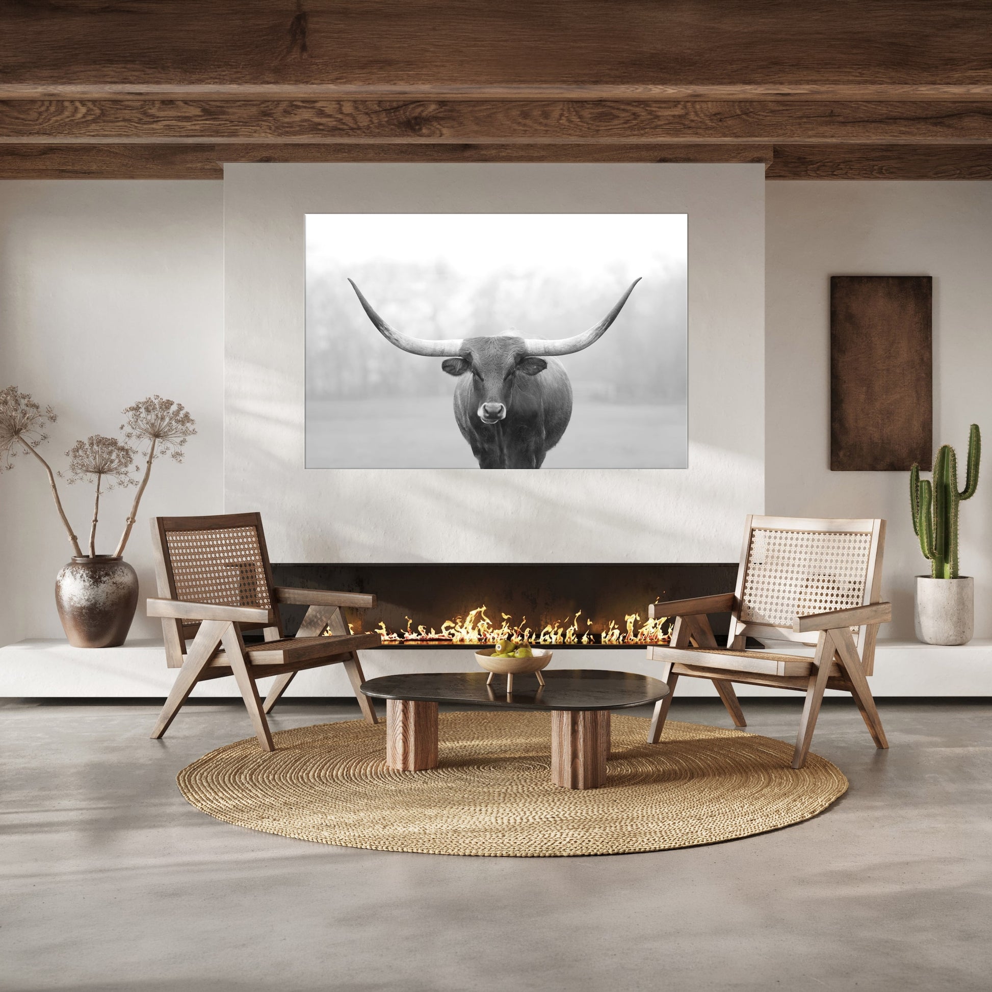 black and white longhorn cow canvas, original, photography, rustic, farmhouse, wall art, home decor