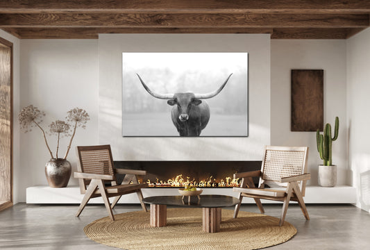 Longhorn Cow Canvas Wall Art, Black and White Cattle Farmhouse Decor